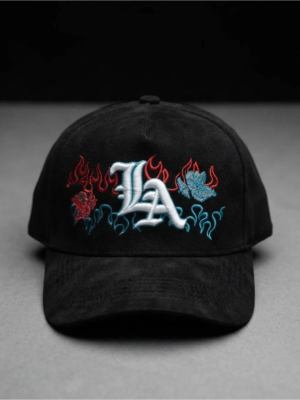 Black Baseball Cap with Embroidered 'LA' and Flame Motif